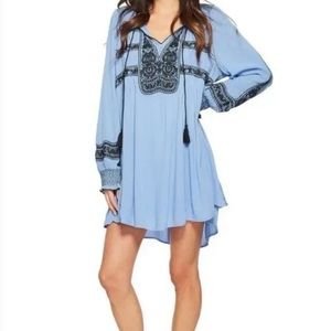 Free People Light Blue Embroidered Boho Mini Dress